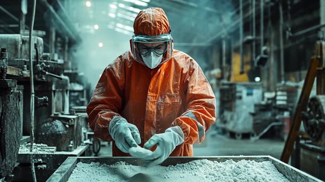 a focused view of a factory worker in safety gear delicately handling powdery substance amidst industrial machinery and ambient atmosphere
