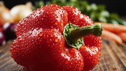 Vibrant and fresh red bell pepper glistening with refreshing water droplets prominently displayed on a rustic wooden table ready for healthy cooking and culinary creations with a soft focus backgroun.