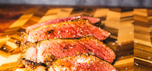 Topside beef roast coated in flavorful rub, roasted rare and juicy inside, presented on a wooden board. Tender, succulent, and beautifully sliced for serving. Perfect for special occasions.