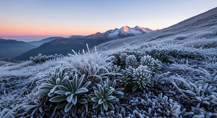 Delicate frost elegantly adorns alpine plants across a high mountain landscape, bathed in the soft, warm hues of a breathtaking dawn