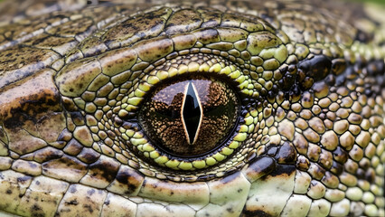 Naklejka premium Close-up detailed view of a crocodile's eye with vertical pupil and scaly skin texture.