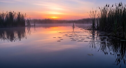Tranquil Sunrise Over a Misty Lake with Reeds and Lily Pads