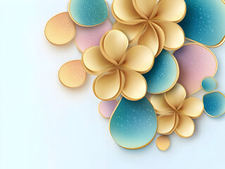 Luxurious golden pink and turquoise blooms flowers nestling amid delicate golden beads, crafting sophisticated floral composition against soft neutral backdrop