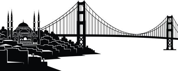 Mosque silhouette with minarets and Golden Gate Bridge cultural architecture East meets West iconic landmarks design flat vector © MstFerdushe