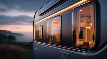 Caravan parked near mountains at dusk with glowing windows and soft landscape in the background