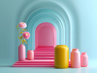  Pink archway structur with pink flowers, creating a dreamy and surreal architectural visualization, minimalist design aesthetic