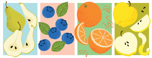 Vector illustration set of autumn fruits including pear, blueberry, orange, and yellow apple. Fresh seasonal fruit collection, food packaging, branding, labels, posters.