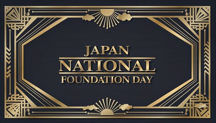 An elegant Art Deco style graphic celebrating Japan National Foundation Day with a golden frame and sunburst motifs on a dark background.
