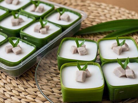 Thai Coconut Milk Pudding with Taro in Pandan Leaf Cups