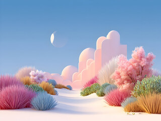 Landscape with colorful fantasy plantstrees mountains thrive under a mesmerizing sky painted in shades of purple pink, luminescent sparkle flickering softly across surreal fluorescent background