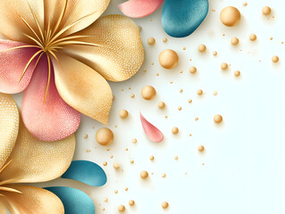 Luxurious golden pink and turquoise blooms flowers nestling amid delicate golden beads, crafting sophisticated floral composition against soft neutral backdrop