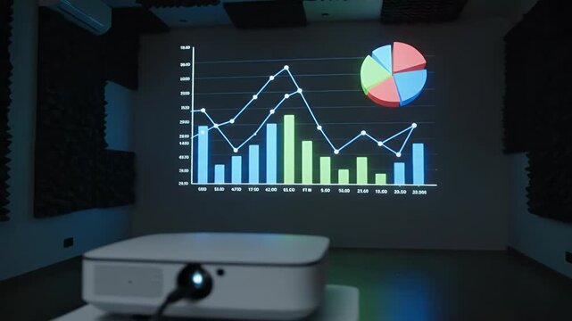 Projected business growth and financial analysis displayed on a screen in a darkened room showcasing data visualization for presentations and reports - Powered by Adobe