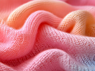 Pastel wool yarn coiling in gradient swirls, blending soft pink, orange, and yellow tones, highlighting textural knitting and crochet possibilities