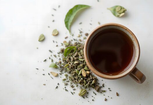 Aromatic warm beverage served in a rustic mug, surrounded by dried tea leaves and whole cardamom pods. banaba