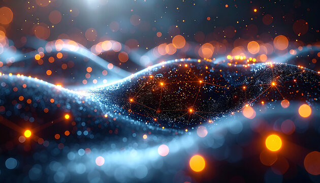 Digital Waves: An abstract depiction of flowing digital waves, illuminated by sparkling points of light, symbolizing the interconnectedness and dynamic nature of modern technology. - Powered by Adobe