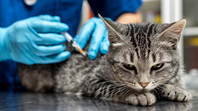 4k video of a vet doctor giving a vaccination shot to a cat.