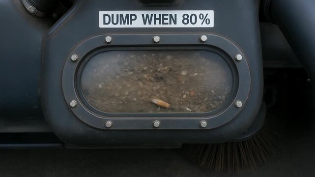 Powerful machines cleaning planet efficiently with visible dirt debris inside waste container and street sweeper container 80 percent capacity