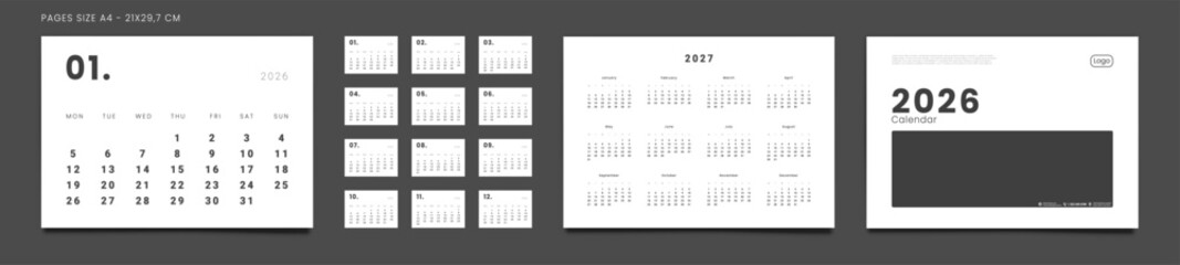 2026 Calendar Planner Set of Template Monthly Page, Cover with Place for Photo, Company Logo, Annual 2027. Vector layout of wall or desk minimalist organizer with week start Monday in print. Pages A4