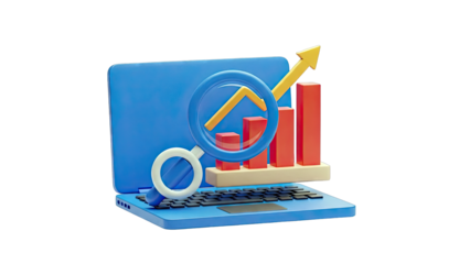 Laptop with magnifying glass over growth chart