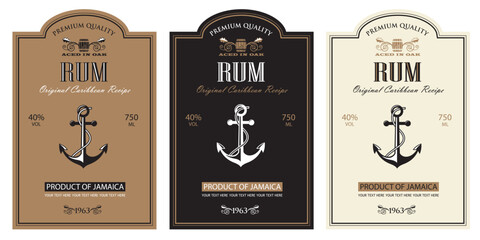 collection of rum labels with yacht anchor in retro style