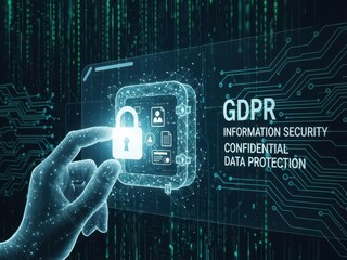 Cybersecurity data privacy visual with a hand locking a personal information vault on a digital interface, for GDPR, information security, and confidential data protection