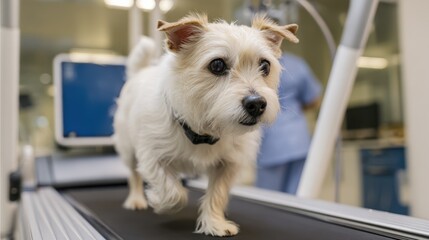Dog walks on treadmill in veterinary clinic during exercise session to improve health and fitness levels under professional supervision