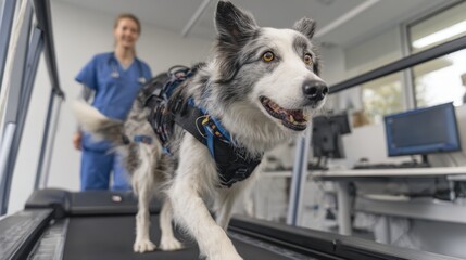 Dog walks on treadmill for therapy at veterinary clinic with trainer present