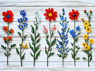 Set collection field meadow garden flowers and plants bunches in vertical arrangement, showcasing rustic botanical palette with textural variety, natural beauty and texture for artistic compositions