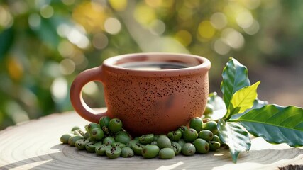 Rustic ceramic mug filled with dark coffee surrounded by green coffee beans and lush foliage evoking a warm natural and artisanal aesthetic for food branding