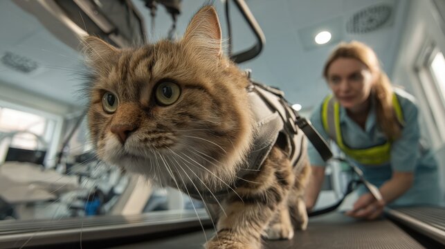 Cat walks on treadmill with trainer in indoor gym setting during daytime for pet fitness session - Powered by Adobe