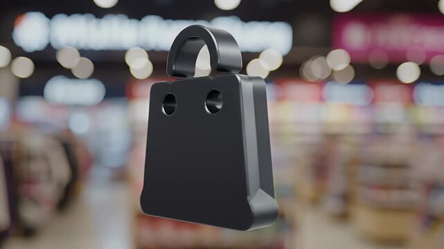 Secure Online Shopping Icon - A sleek modern 3D rendering of a shopping bag icon with a padlock symbol representing safe and protected e-commerce transactions and digital retail security