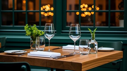 Restaurant table setting with wine glasses and water glasses for a meal
