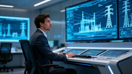 Man in control room monitoring power grid
