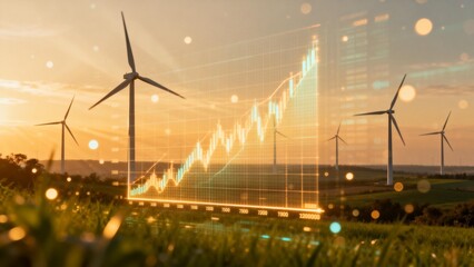 Wind turbines and rising graph on field