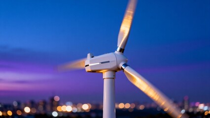 Wind turbine at dusk with city lights