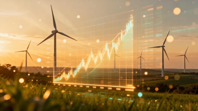 Wind turbines and rising graph on field - Powered by Adobe