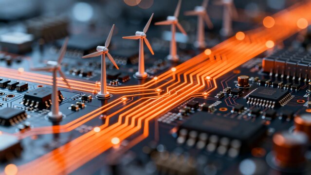 Wind turbines on a glowing circuit board - Powered by Adobe