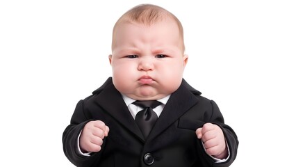 Adorable baby dressed in a formal black suit and tie, looking grumpy and determined