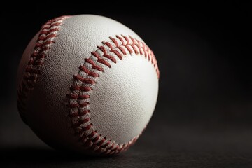 Close-up of a baseball on dark background, showing details and stitches