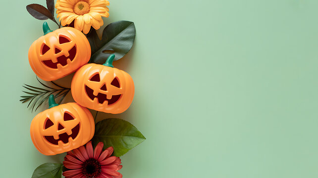 Minimalist Halloween flat lay with small orange jack-o-lanterns and autumnal flowers on a sage green background with copy space