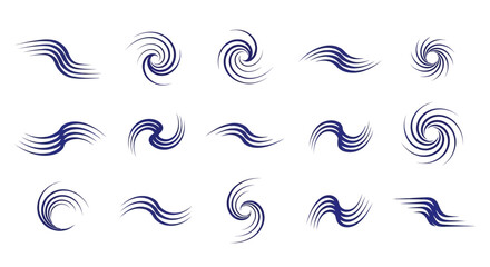 Collection of abstract blue wave and swirl icons featuring dynamic flowing lines vortex and spiral shapes.