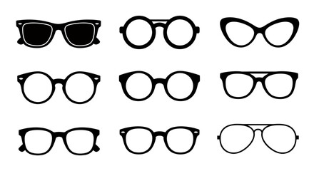 Set of nine different eyeglass frame silhouettes in various shapes and styles.