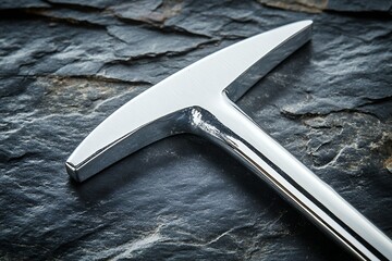 Shiny metal geological hammer resting on textured stone surface