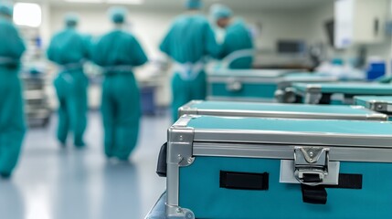 Surgical team preparing for operation with sterile equipment cases
