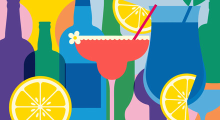 Colorful abstract illustration of cocktails, bottles, and lemon slices in vibrant modern style.