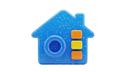 Blue House Icon with Buttons and Lens