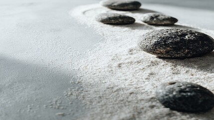 Zen stones resting on raked sand in a peaceful garden