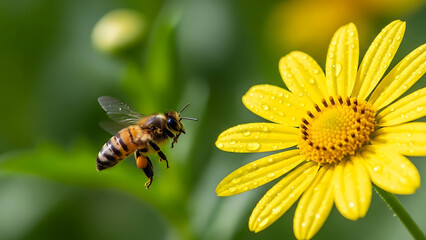 Bee and Yellow Flower in Bright Garden