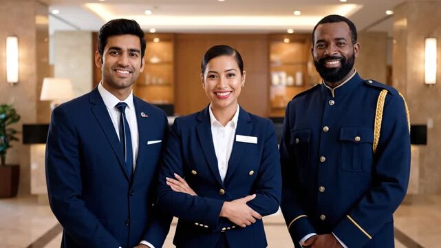 Professional hotel staff smiling in a luxurious lobby welcoming guests - Powered by Adobe