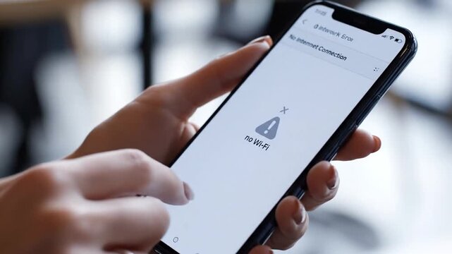 P61-Close-up of hand holding smartphone with no Wi-Fi connection icon symbolizing internet disconnectio 4K 10s